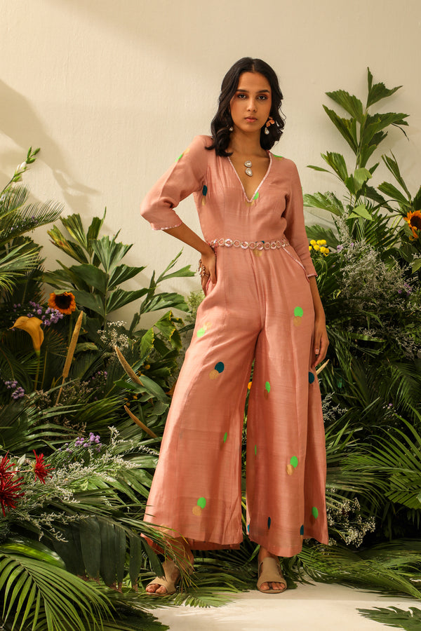 Noorani Peachy Keen Polka Dot Chinia Silk Jumpsuit