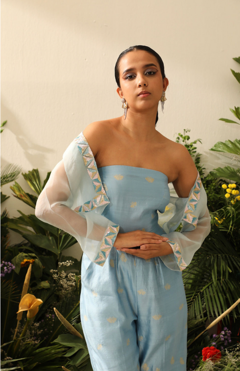 Noorani Powder Blue Chiniya Silk Jumpsuit