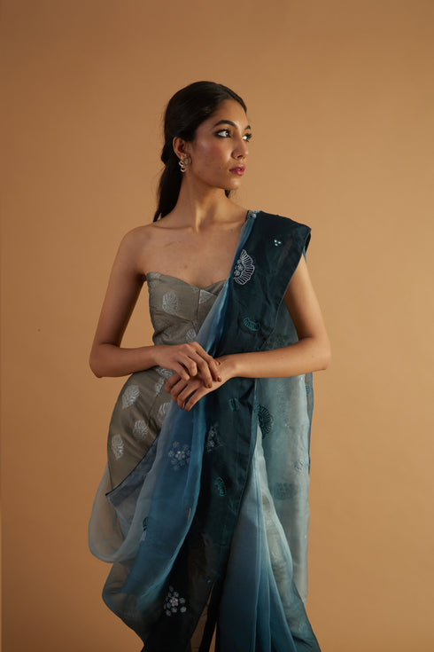 Silver Bush Organza Drape Saree