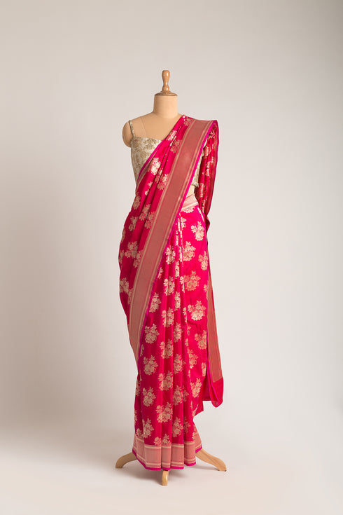 Magenta Pure Silk with Golden Rose Booti