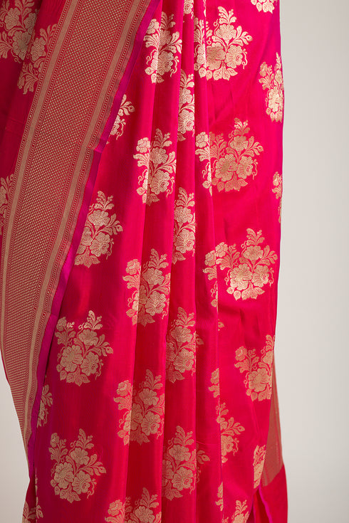 Magenta Pure Silk with Golden Rose Booti