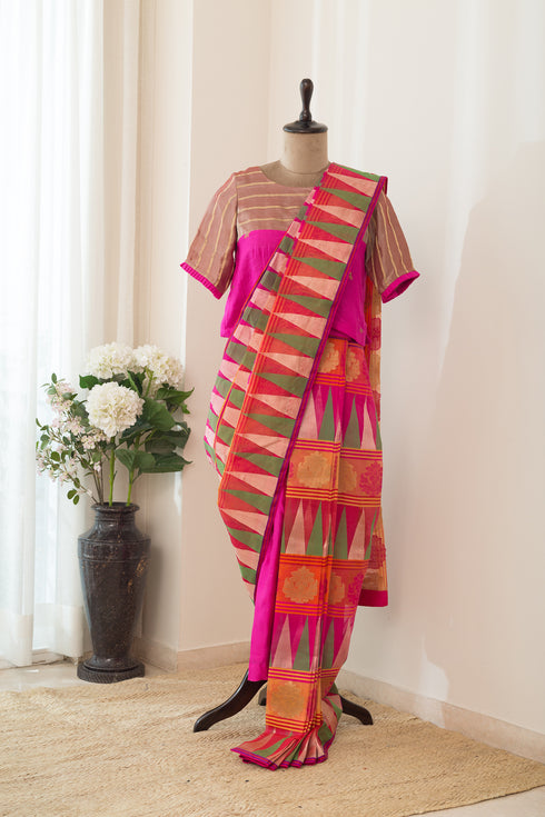 Hot Pink Multi Weave Drape Saree With Pant And Blouse