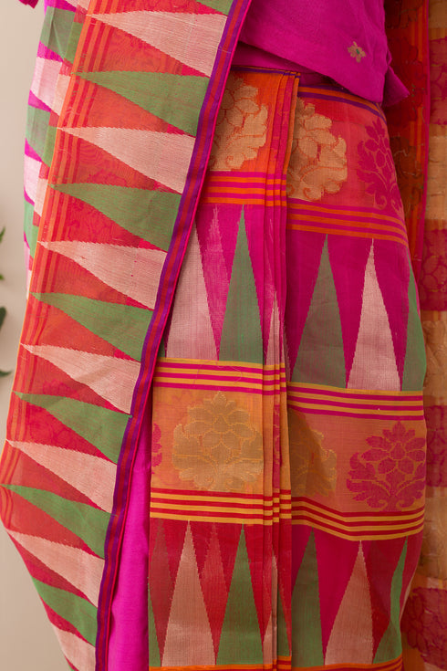 Hot Pink Multi Weave Drape Saree With Pant And Blouse